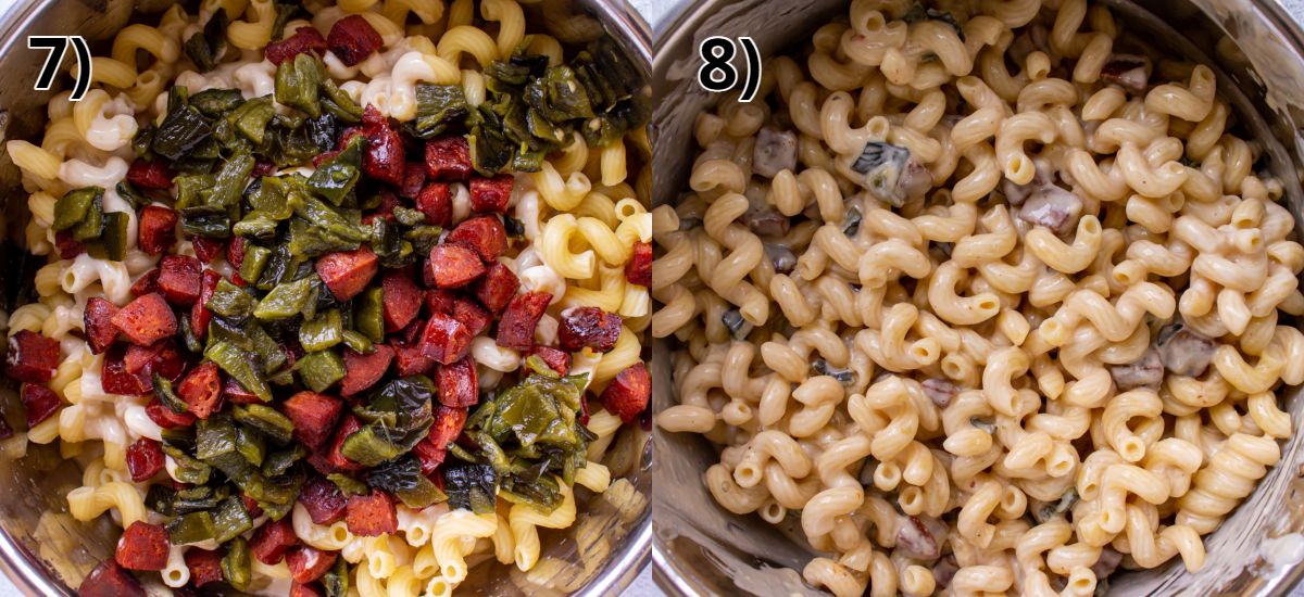 Pasta in a pot before and after stirring in cheese sauce, chorizo, and roasted poblanos.