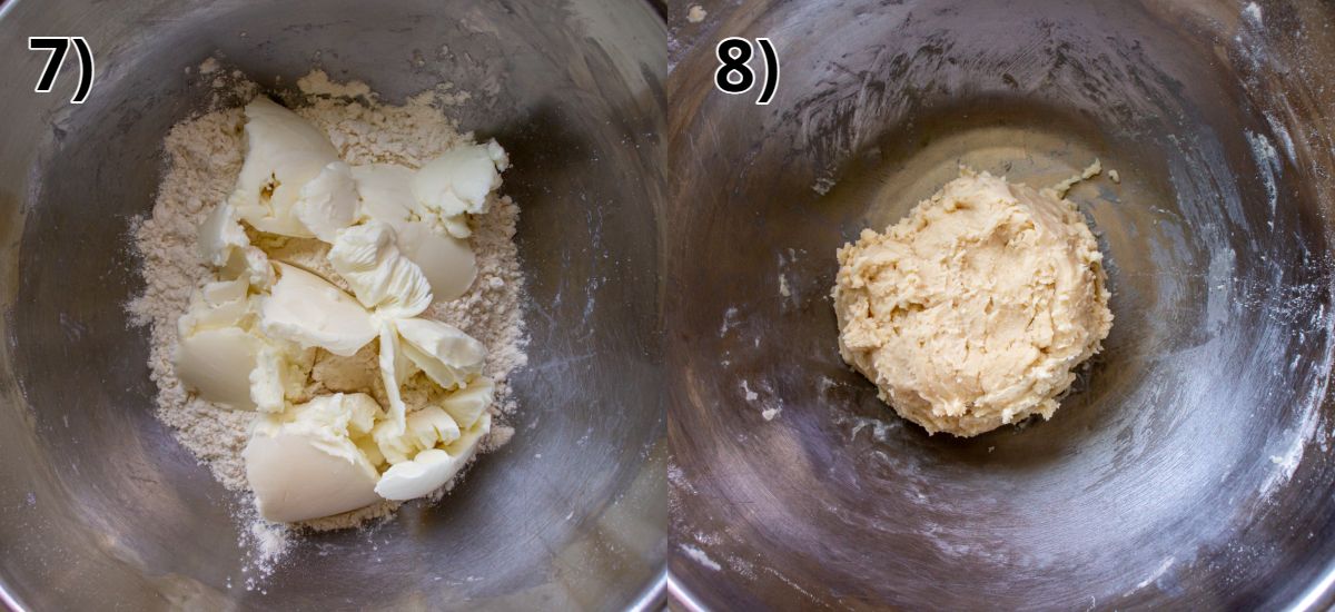 Before and after mixing vegetable shortening with flour in a metal bowl.