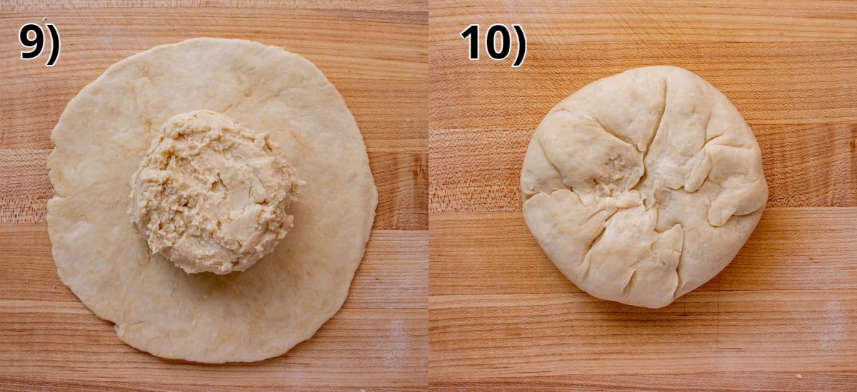 A round disc of dough topped with another ball of dough, then wrapped to enclose it.