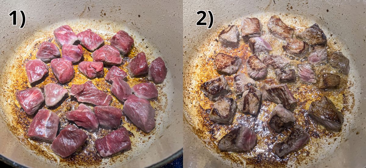 Searing cubes of beef in a Dutch oven before and after flipping them over.