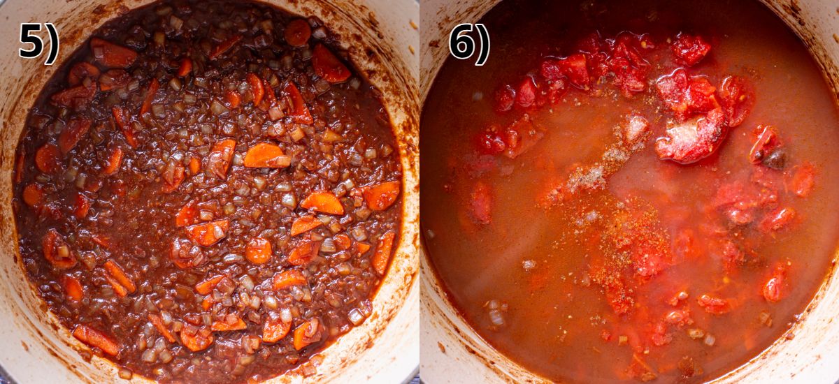 Process of making Giouvetsi before and after adding broth and canned tomatoes.