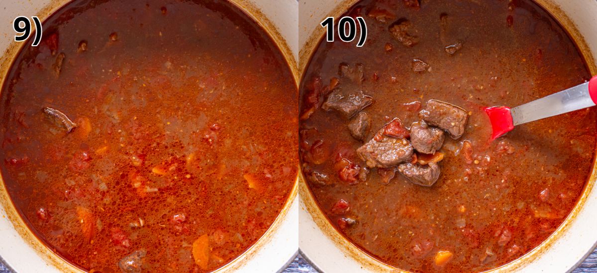 Beet stew before and after a spoon lifts some beef out.