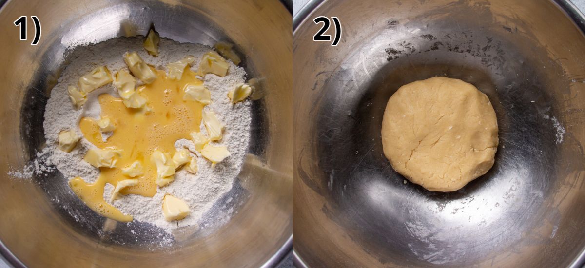 Before and after mixing together shortcrust dough in a metal bowl.