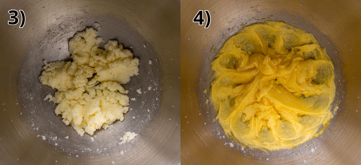 Before and after beating egg yolks into butter and sugar mixture.