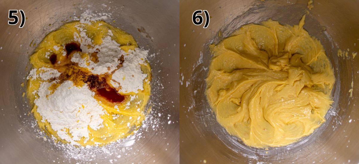 Before and after beating cornstarch and vanilla extract into batter.