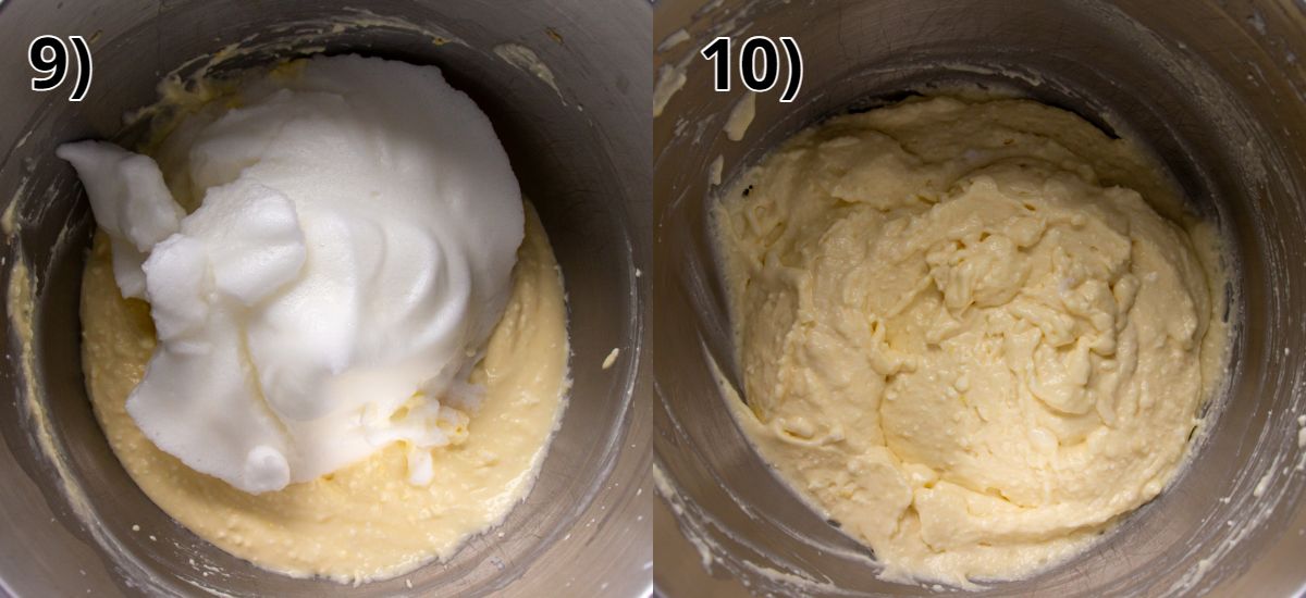 Before and after folding whipped egg whites into batter.