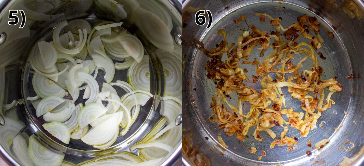 Sliced onions before and after caramelizing in a pot.