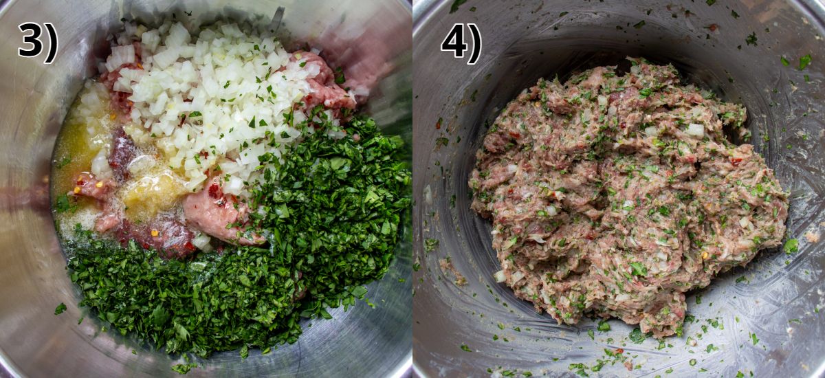Before and after mixing raw ground meat with onions, herbs, and spices in a metal bowl.