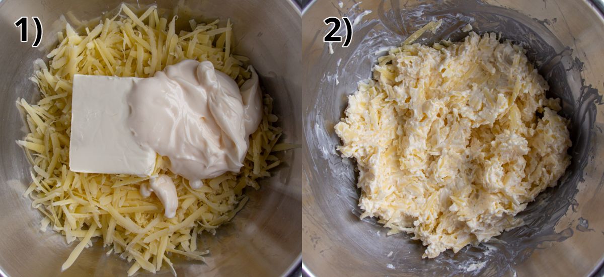 Before and after combining shredded cheese, cream cheese, and mayo in a metal bowl.