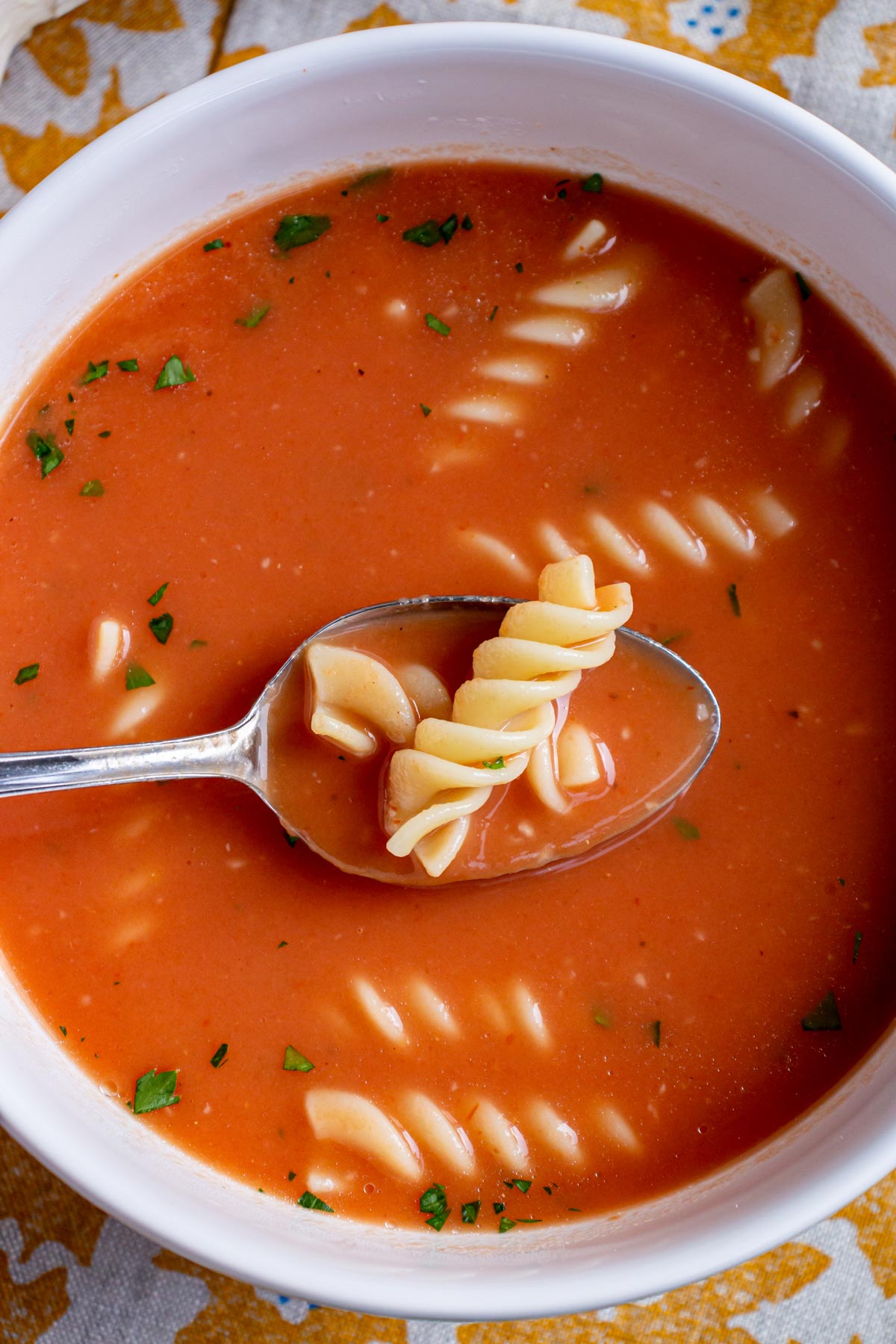 A spoon scooping up a couple rotini pastas out of a bowl of Polish tomato soup.