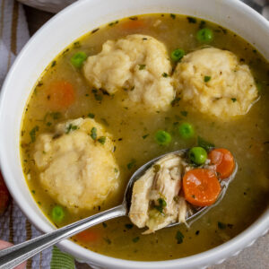 A spoon lifting out chicken and vegetables out of a white bowl of chicken and dumplings.