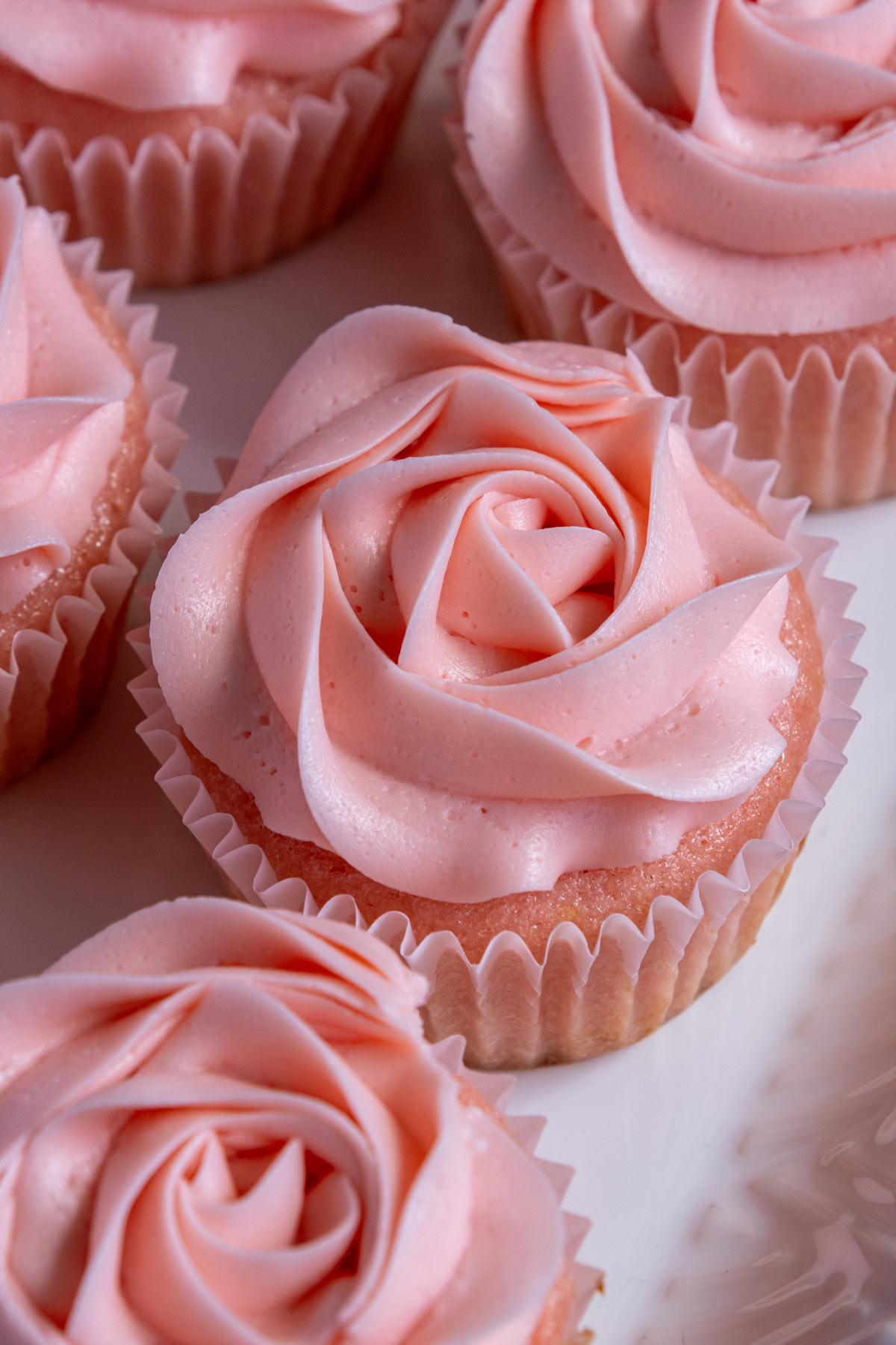 Pink lemonade cupcakes with pink frosting piped to look like roses.