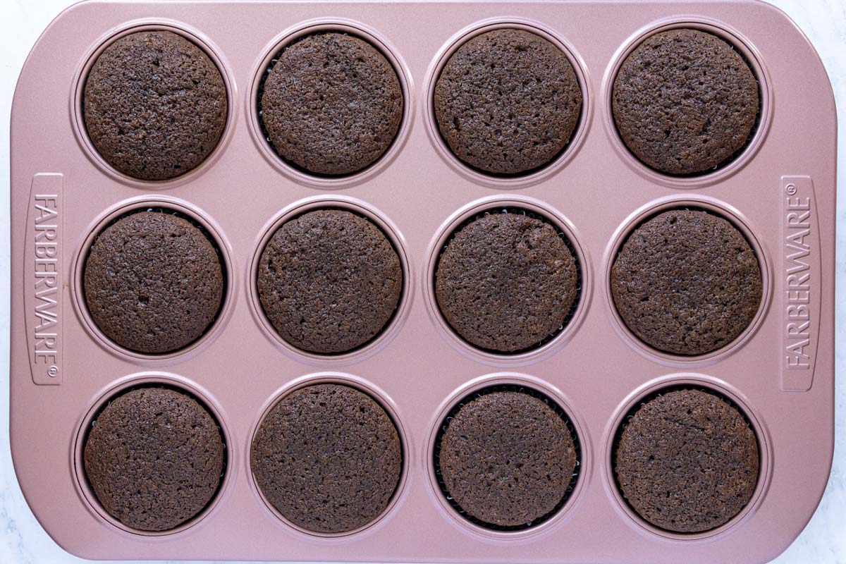 A dozen chocolate cupcakes baked in a metal muffin pan.