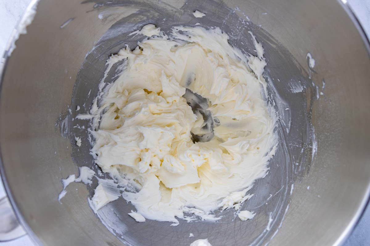 Butter and confectioners' sugar beaten until smooth in a metal mixing bowl.