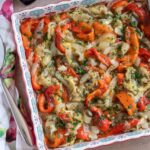 Catalan roasted vegetables (escalivada) served in a colorful square dish.