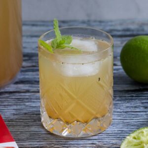Shikanji Indian lemonade in a crystal glass with a mint garnish.