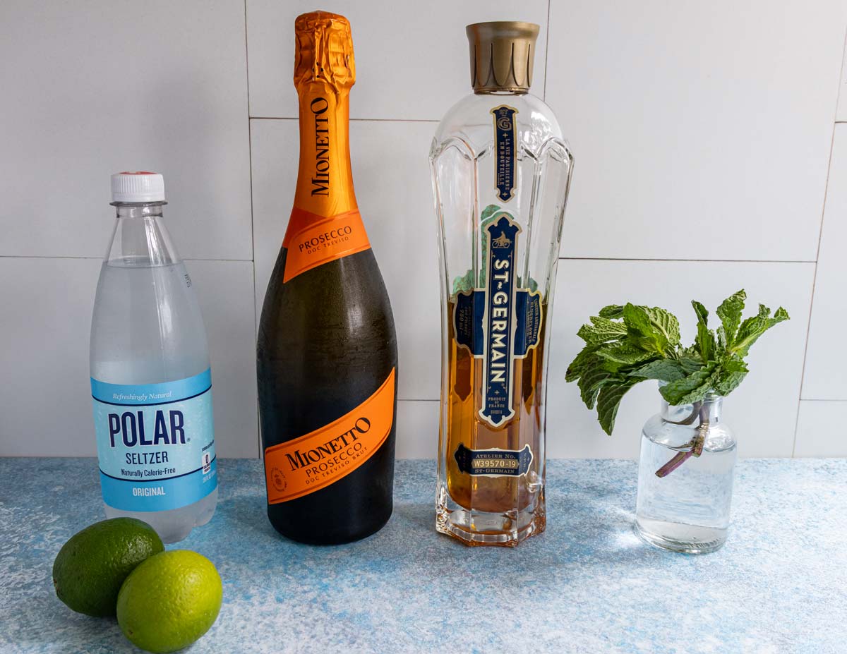Ingredients for Hugo Spritz cocktail.
