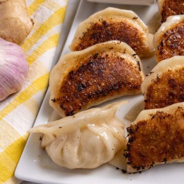 Pan-fried pork and shrimp dumplings on a plate with one right side up and the rest upside down.