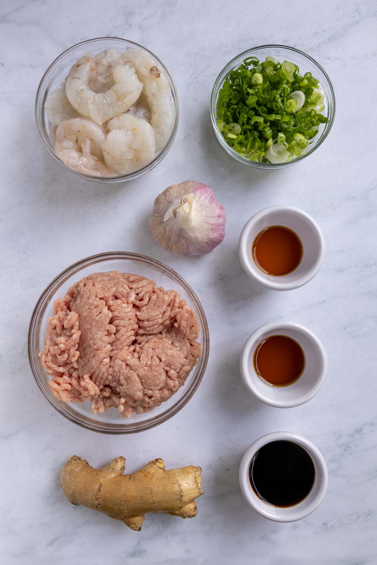 Ingredients for pork and shrimp dumplings on a marble background.