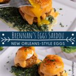 Eggs Sardou made with breaded and fried artichoke bottoms over creamed spinach with poached eggs and sauce choron.