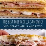 Two stacked mortadella sandwiches on pizza bianca, and one partially eaten to show the filling