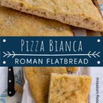 Rectangular pieces of pizza bianca piled onto a rectangular wooden platter.