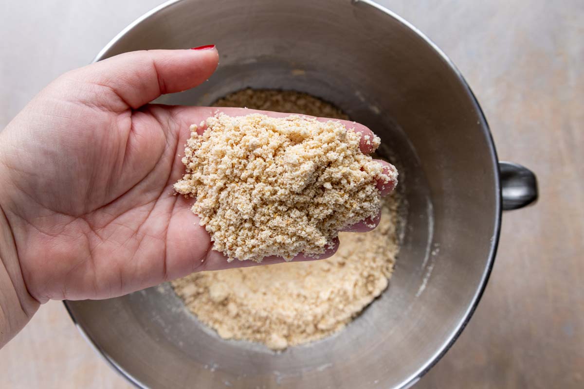 A crumbly sandy mixture held up in a person's hand to show the texture.
