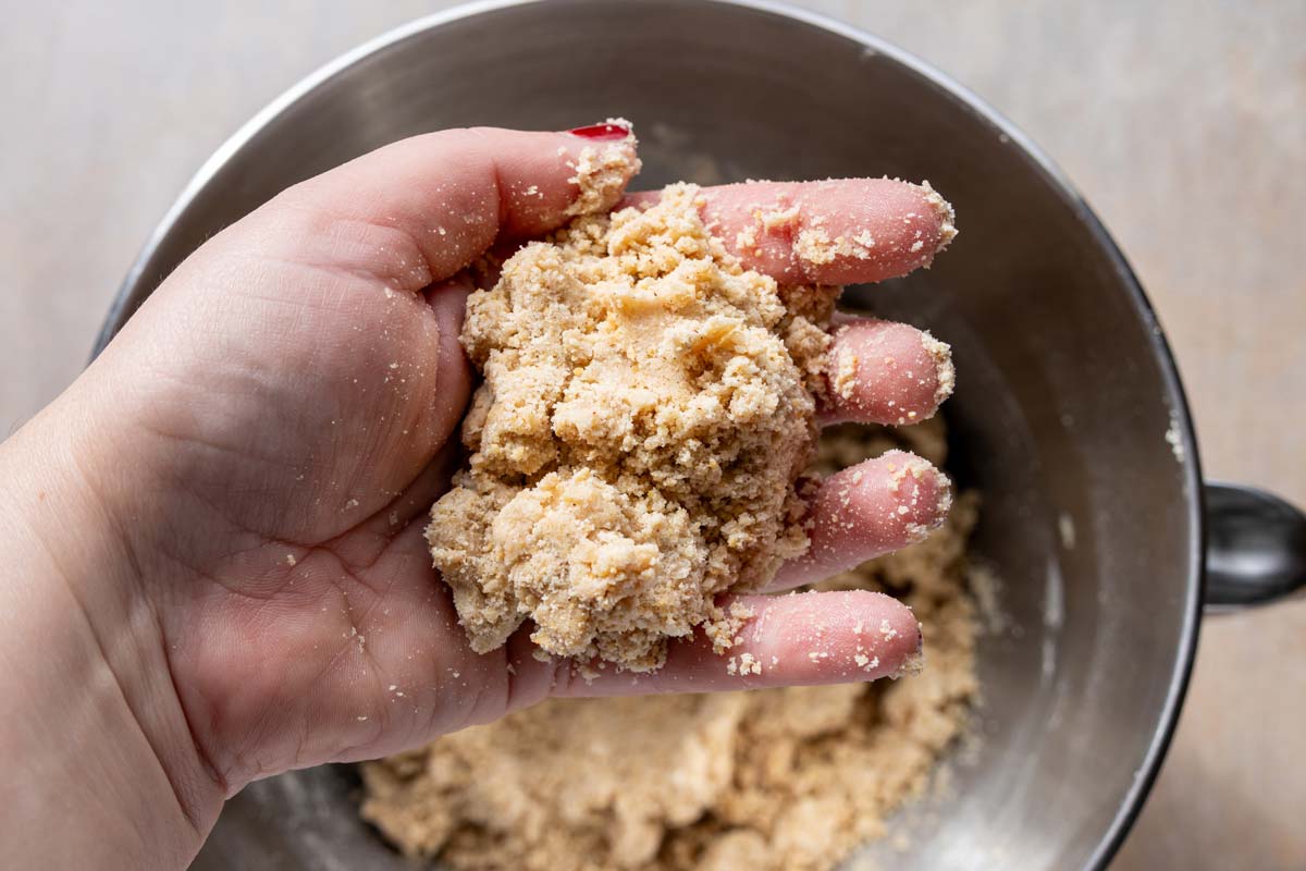A more cohesive but still crumbly dough held up in a person's hand to show the texture.
