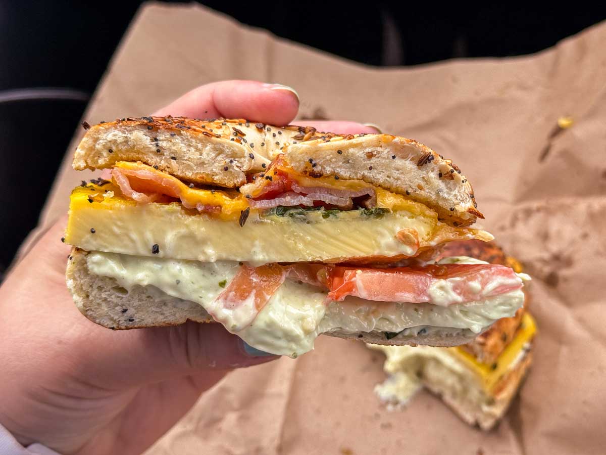 Cross-section of the Breakfast Bagel at Little Fish Coffee in Kauai.