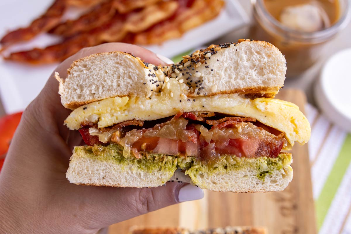 Cross-section of a homemade Surfer Girl breakfast sandwich inspired by the one at Java Kai.