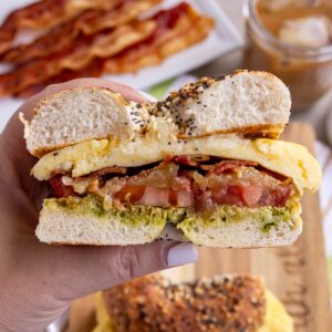 Cross-section of a homemade Surfer Girl breakfast sandwich inspired by the one at Java Kai.